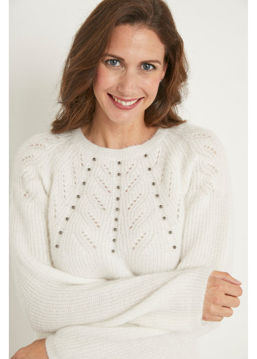 Pull doux maille poilue col rond perlé ajouré Ecru