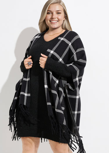 Poncho cape en maille, motif carreaux Carreaux Noir