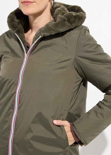 Blouson déperlant / fourrure, réversible Kaki