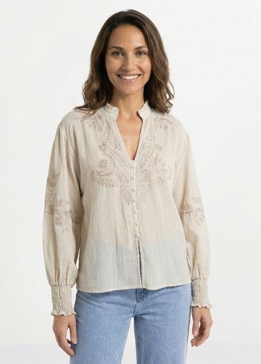 Chemisier brodé, col et poignets plissés Beige Dore