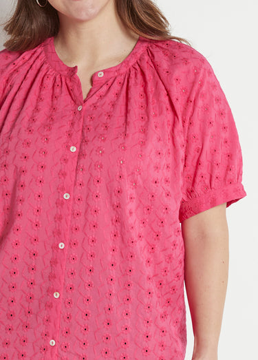 Chemisier ample coton brodé sans col Fuchsia