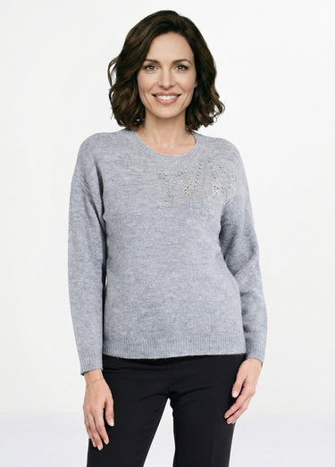 Pull doux col rond avec strass et sequins Gris