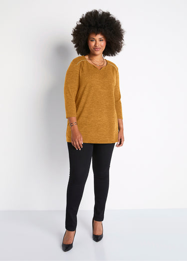 T-shirt long évasé manches 3/4 col rond Uni Miel