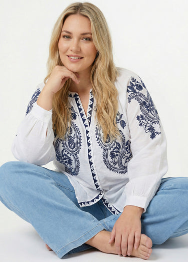 Blouse avec broderies et petit col V Blanc/Marine