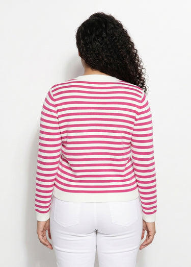 Gilet cardigan court col rond rayé boutonné Raye Fuchsia