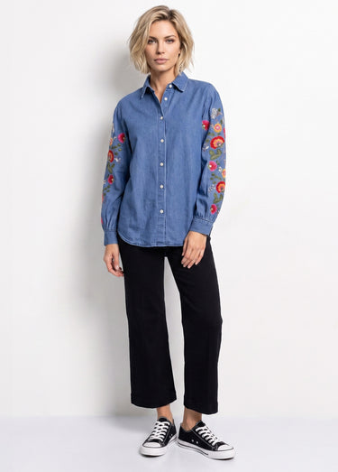 Chemise denim manches brodées et sequins Bleu Stone