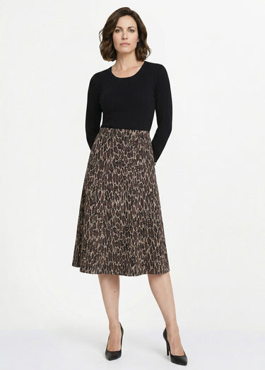 Jupe longue évasée maille jacquard Marron Leopard