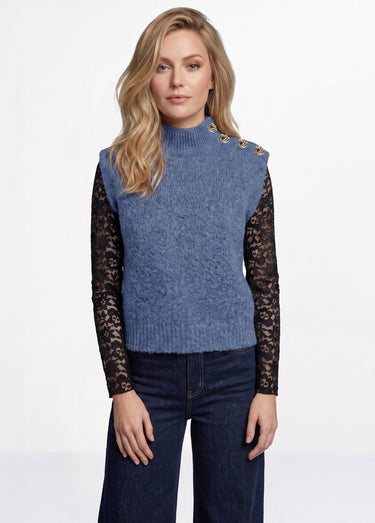 Pull sans manches boutons bijoux Bleu