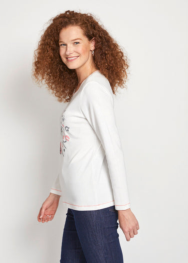 T-shirt court col rond motif brillant Ecru
