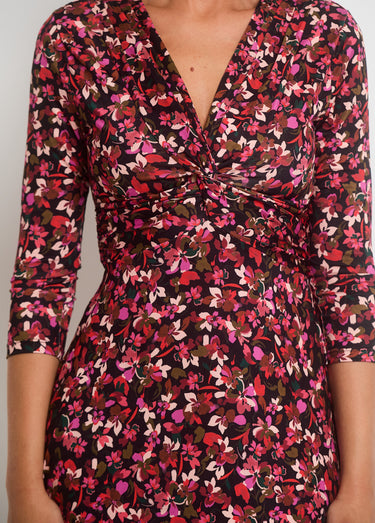 Robe col V taille drapée imprimé fleuri Rouge/Noir