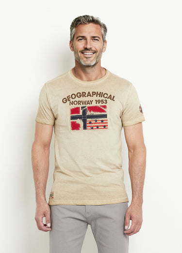 T-shirt col rond drapeau brodé Beige