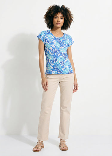 T-shirt manches courtes imprimé feuillage col rond Bleu/Aqua