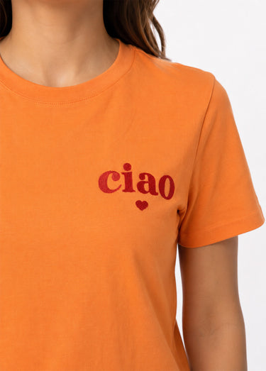 T-shirt col rond broderie Ciao et coeur Orange