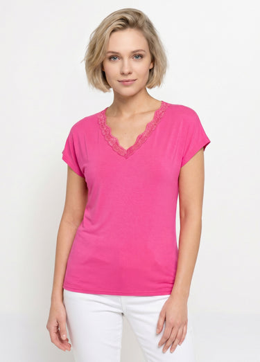 T-shirt court extensible dentelle Fuchsia