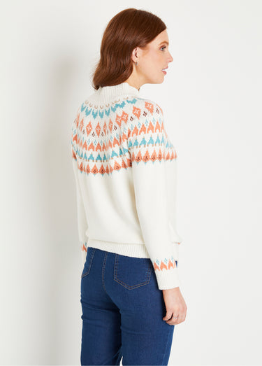 Pull chaud court col montant jacquard soleil Ecru/Aqua