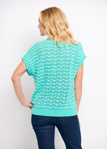 Pull sans manches col V ajouré bicolore Menthe/Ecru