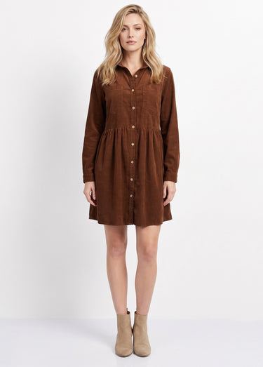 Robe chemisier en velours taille plissée Camel