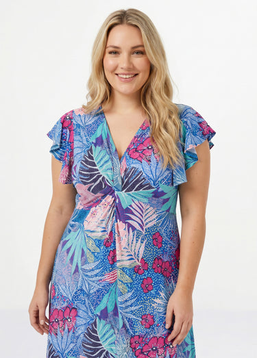 Robe courte évasée col V drapé Bleu/Fuchsia