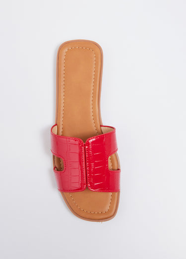 Mules plates vernies, imitation croco Vernis Rouge