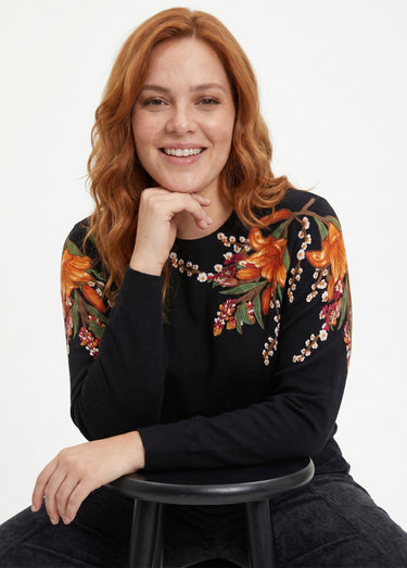 Pull chaud col rond imprimé floral manches longues Noir
