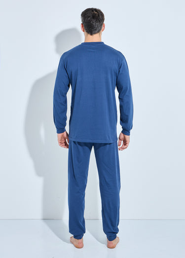 Pyjama col tunisien jersey coton bas resserrés Bleu