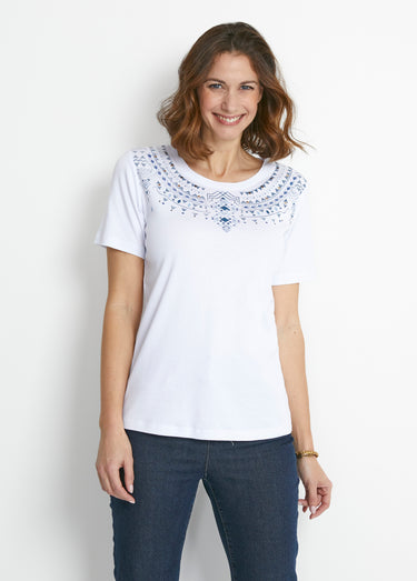 T-shirt manches courtes col motif clouté Blanc