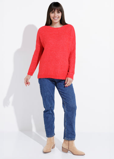 Pull maille mousseuse encolure bateau Rouge
