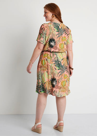 Robe droite courte motif feuilles Rose/Vert