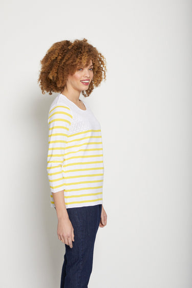 Pull rayé avec maille ajourée col rond Raye Jaune
