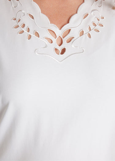 T-shirt col V ajouré brodé Blanc