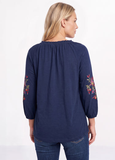 T-shirt long brodé manches 3/4 Marine