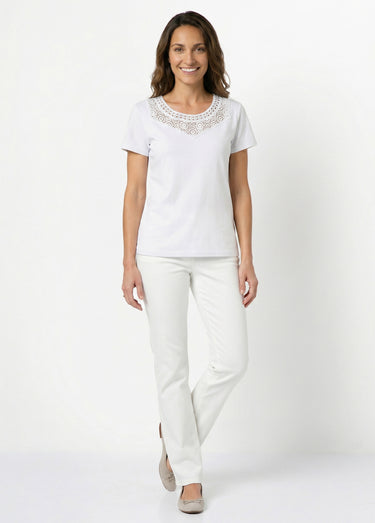 T-shirt macramé coton uni manches courtes Blanc