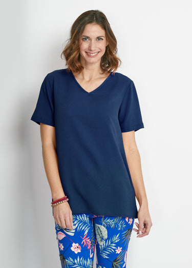 Tunique ample mi-longue en tissu crêpe Uni Marine