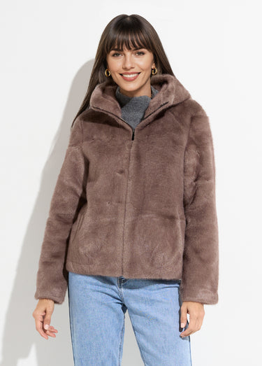 Blouson court en fourrure avec capuche Taupe