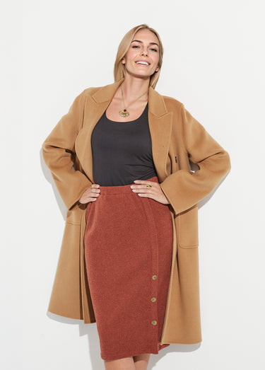 Jupe longue droite maille et boutons fantaisie Camel