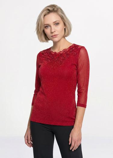 T-shirt manches 3/4 brodé brillant Rouge