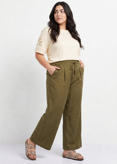 Pantalon large avec lin, style ethnique Kaki