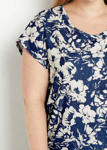 T-shirt manches courtes uni ou imprimé fleurs Marine/Beige