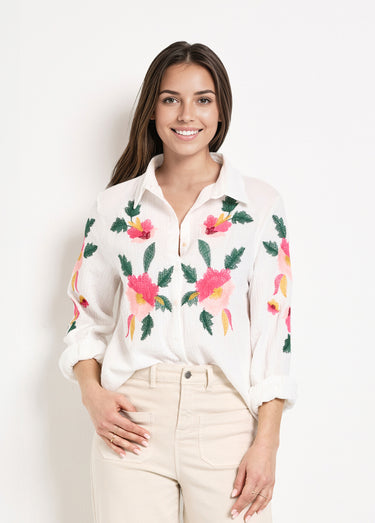 Chemisier gaze de coton broderies fleurs Blanc