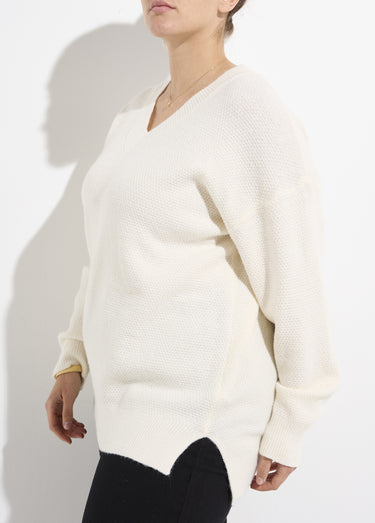 Pull tunique maille fantaisie, col V Ecru