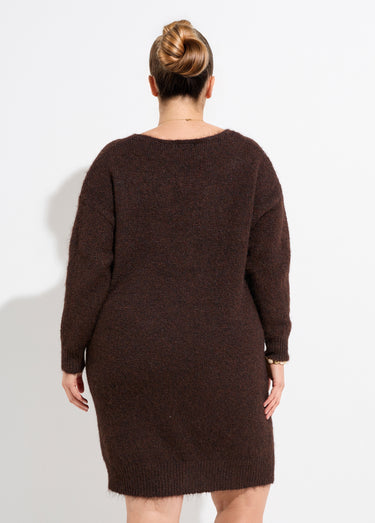 Robe pull longue col V avec laine Chocolat