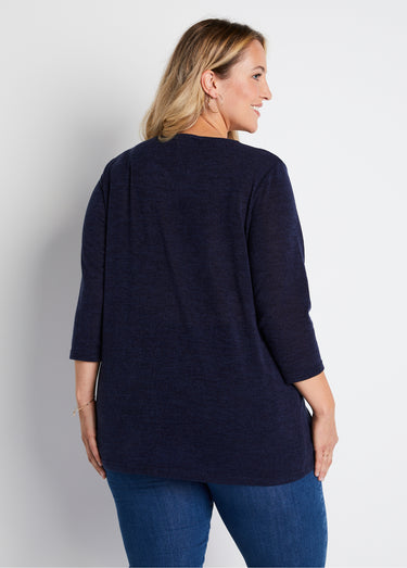T-shirt long évasé manches 3/4 col rond Uni Marine