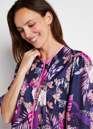Peignoir long satiné fleuri boutonné Imprime Violet