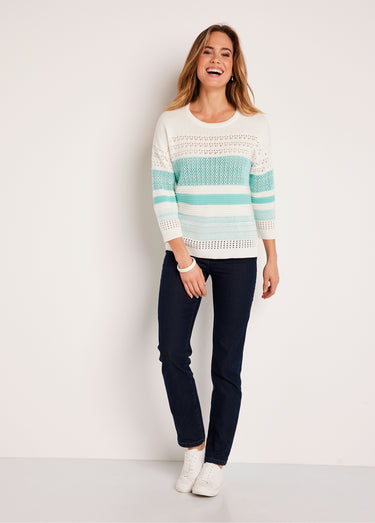 Pull ajouré manches 3/4 coton Aqua