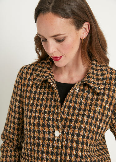Veste boutonnée courte jacquard pied de coq Camel/Noir