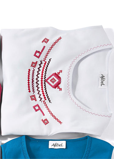 Débardeur jersey coton peigné brodé Blanc/Framboise