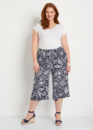 Jupe-culotte taille élastiquée tissu gaufré Bleu / Blanc