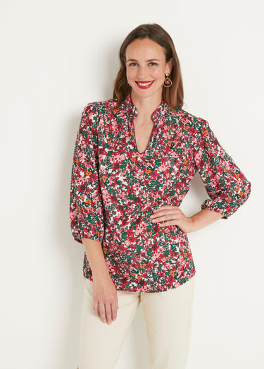 Tunique longue droite fleurie col V Rose/Vert