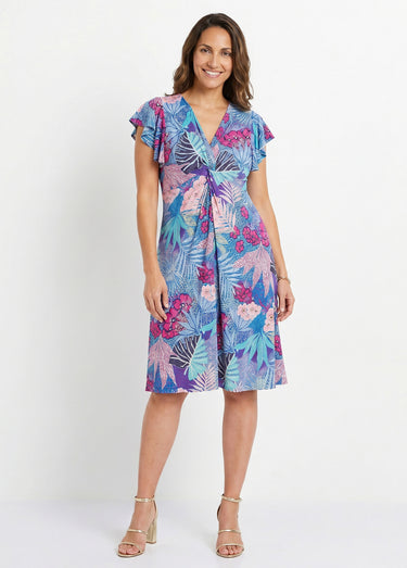 Robe courte évasée col V drapé Bleu/Fuchsia