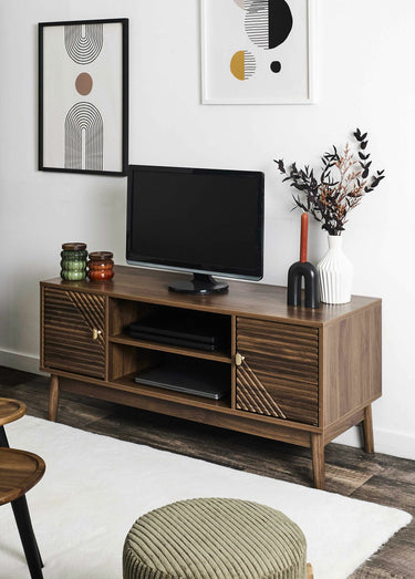 Meuble TV 2 portes en bois foncé rainuré Marron